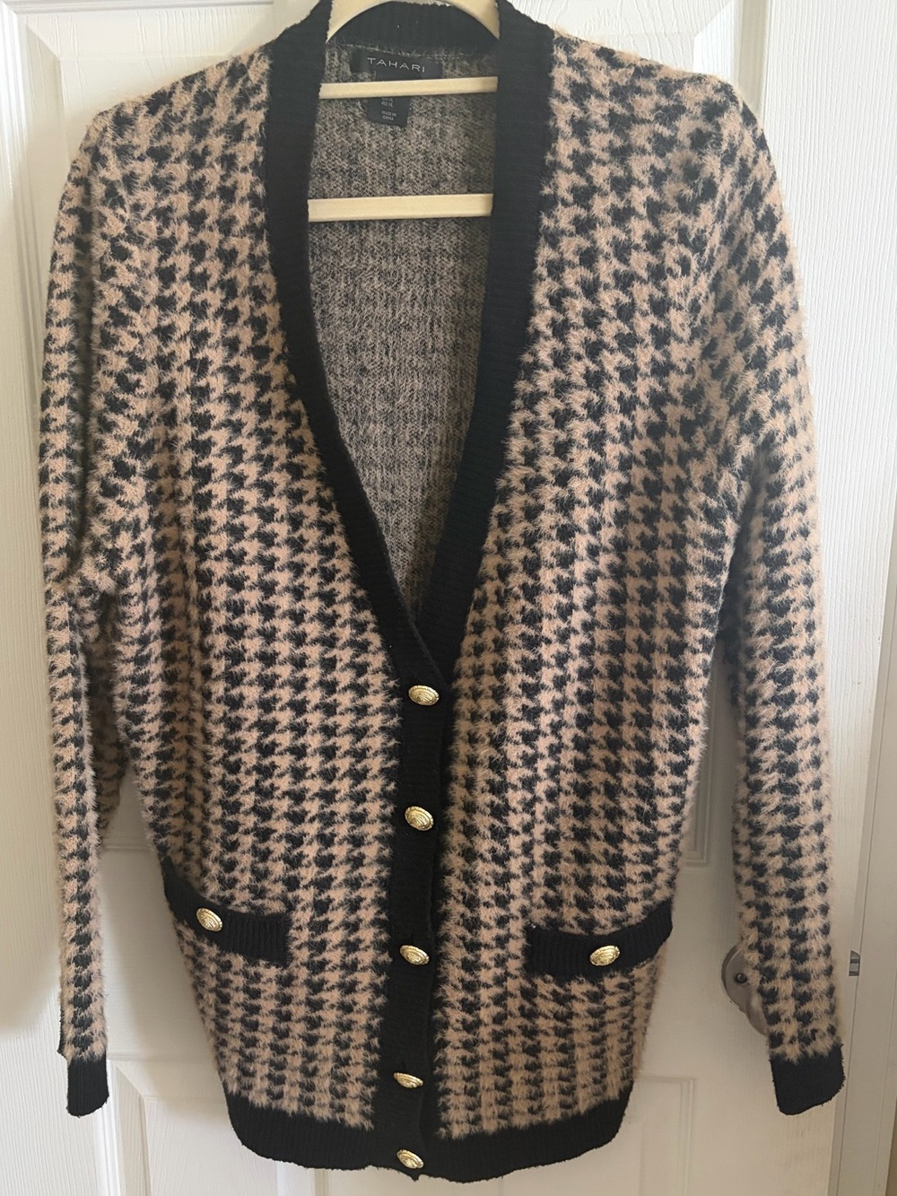 Tahari Black and Blush Houndstooth Longline Cardigan Blazer